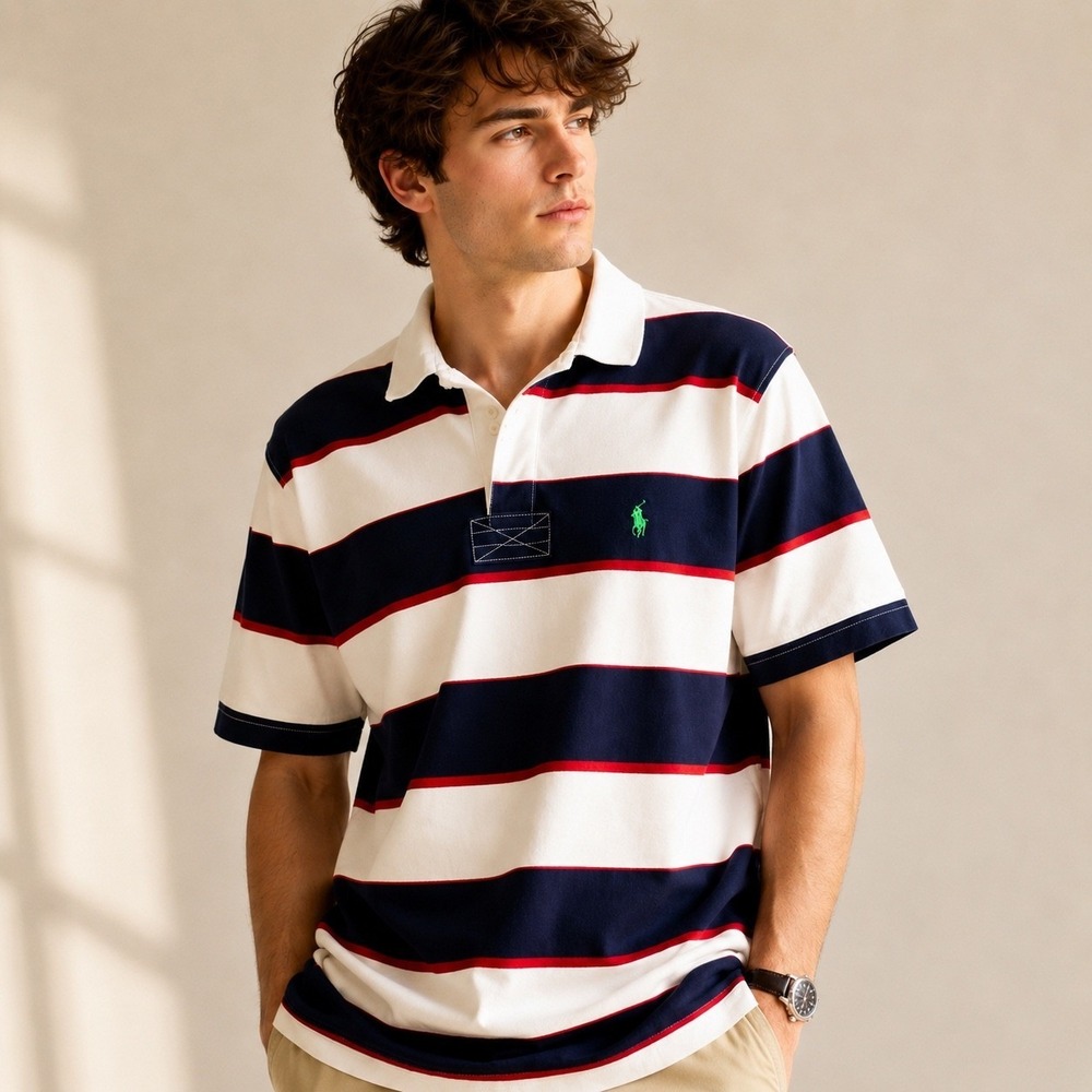 Polo Ralph Lauren Mens Striped Rugby Polo Shirt Navy White Red Size M Fits L-XL